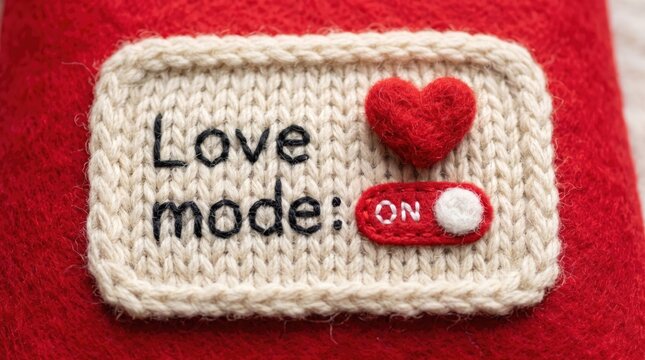 Knitted red fabric patch with love mode on label and heart shape stitched on textile cloth.