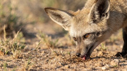 Fototapeta premium Bat-eared Fox in Dry Terrain: A striking bat-eared fox with its characteristic large ears is focused on sniffing the dry, dusty ground.