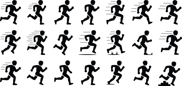 A collection of twenty-one black solid silhouette of a person running, featuring various stages of a sprint with motion lines, isolated on a white background