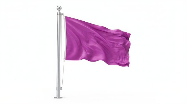 A bright purple flag waving on a silver metal pole against the wind showing fabric texture and smooth folds