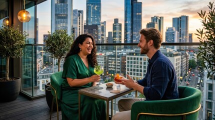 Obraz premium Cityscape Romance: A couple shares a delightful moment on a high-rise balcony, clinking glasses against a breathtaking urban skyline at sunset.