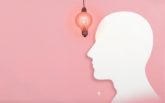 Silhouette head with glowing lightbulb, pink background symbolizing idea or inspiration.
