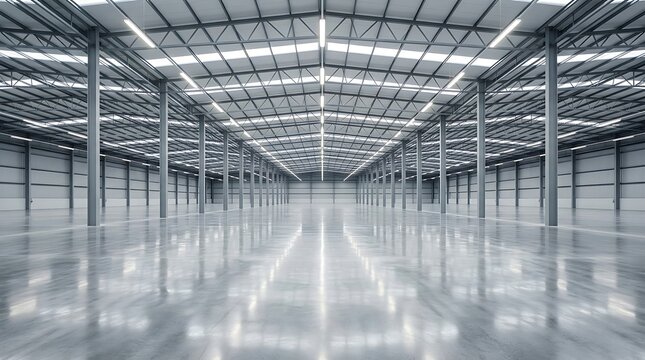 Empty industrial warehouse interior with polished concrete floor and high ceiling structure