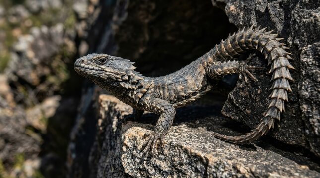 Spiny-Tailed Lizard on Rocky Outcrop: A detailed close-up showcases a spiny-tailed lizard with rugged, scaled skin perched on a textured rocky surface.