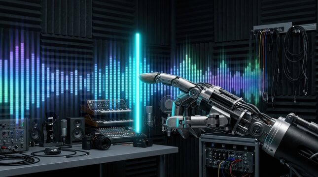 Robot hand interacting with digital audio equalizer and sound wave in a professional recording studio