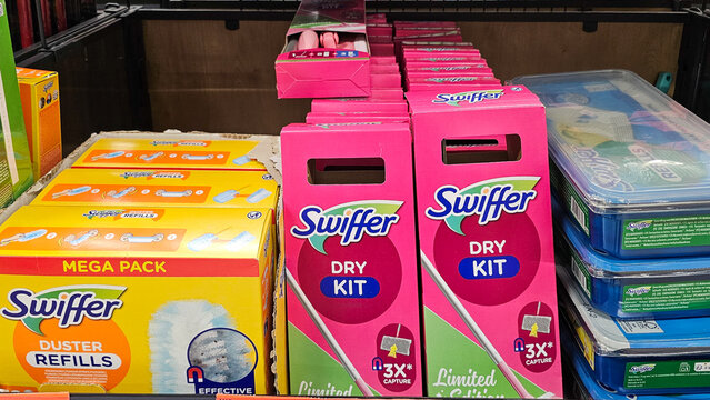Swiffer dry kit and duster refills on store shelf