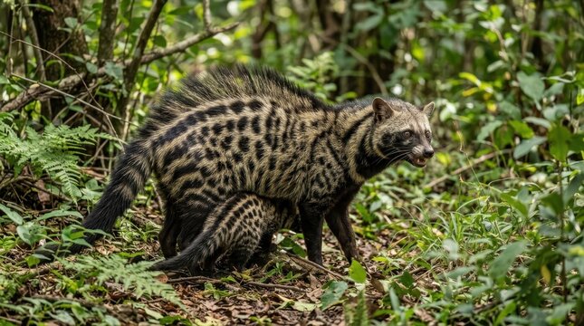 Civet Cat Mother and Kitten in Verdant Forest: A mother civet cat, distinguished by its striking spotted fur and unique facial markings, carefully tends to its young kitten amidst the dense.