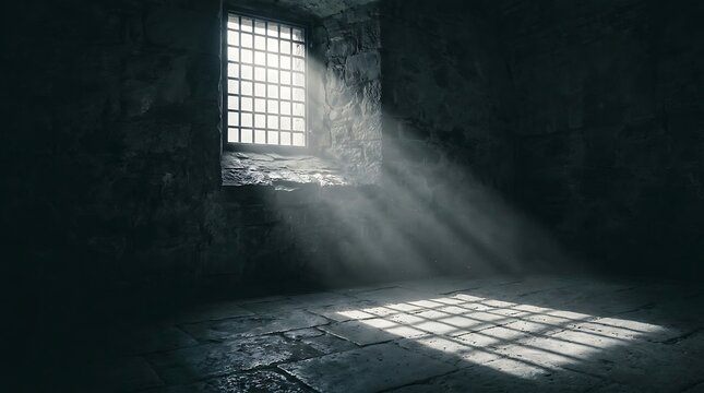 Sunlight streaming through a barred prison window into a dark, moody stone cell interior.