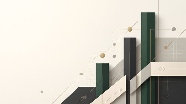Minimalist business growth chart with upward arrows, abstract financial success concept, beige geometric data visualization background