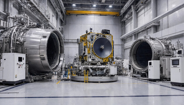 Satellite positioned between massive thermal vacuum chambers inside an aerospace cleanroom with vacuum chamber space technology aerospace engineering satellite testing scientific research
