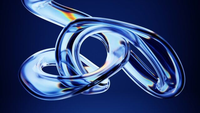 Iridescent glass ribbon knot isolated on deep blue background.