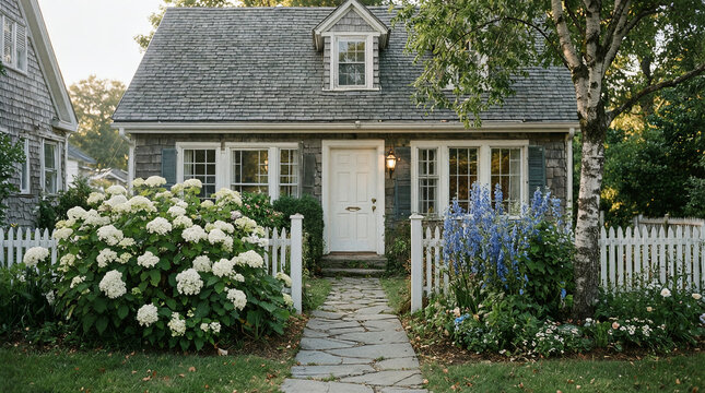 Charming grey Cape Cod house featuring cedar shingle siding and a centered dormer with white front door and brass knocker
