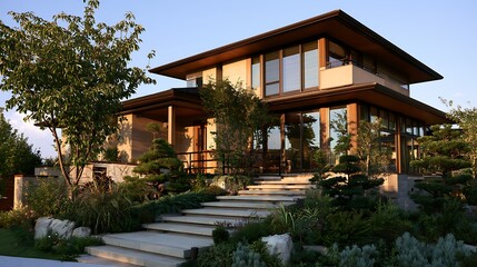 Fototapeta premium Modern Japanese Style House with Landscaped Garden / 造園された庭のあるモダンな和風住宅