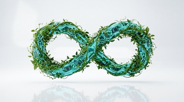 Green Technology Infinity Symbol with Circuit Board and Vines