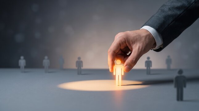 Hand selecting glowing orange human figure from crowd of grey silhouettes, recruitment and human resources concept, choosing best candidate for job employment