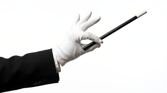 A magician hand wearing a white glove holding a black magic wand for a performance trick or an illusion show