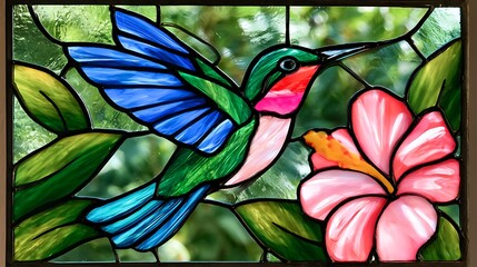Fototapeta premium Stained Glass Panel with Hummingbird and Hibiscus / ハチドリとハイビスカスを描いたステンドグラスのパネル