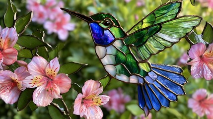 Naklejka premium Stained Glass Hummingbird among Pink Blossoms / ピンクの花に囲まれたステンドグラスのハチドリ