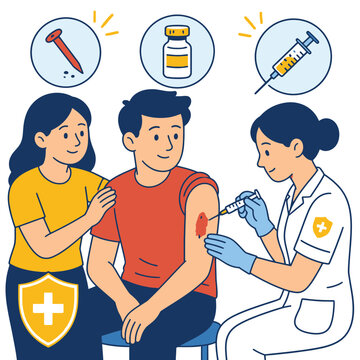 Cartoon illustration of a nurse administering a tetanus vaccine injection to a patient with a wound.