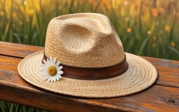 Straw hat with daisy rests on wooden bench in golden sunset field.