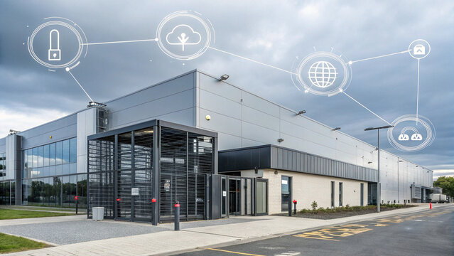 Modern data center with cloud computing icons overlay, showcasing secure enterprise cloud facility