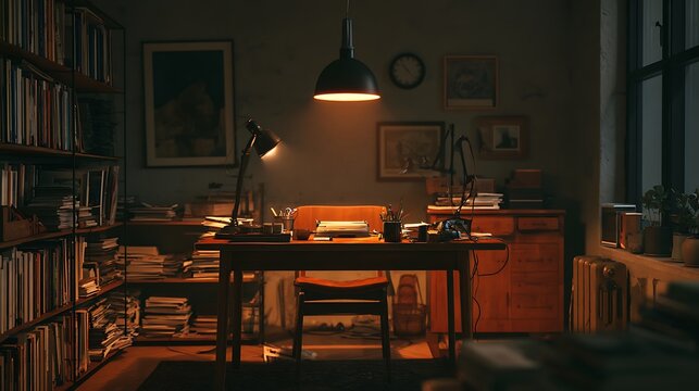 Retro Home Office with Bookshelves at Night / 夜の本棚に囲まれたレトロなホームオフィス