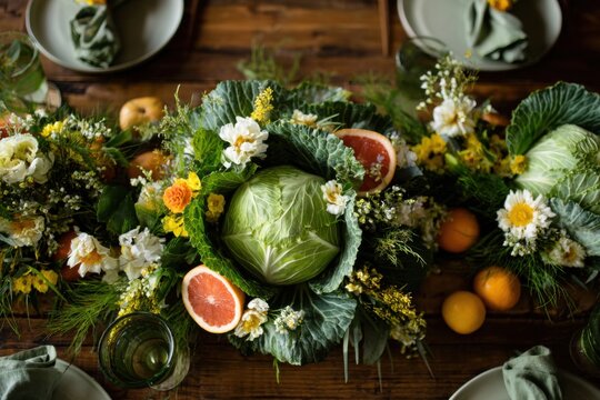 Unusual botanical arrangement combining leafy cabbage, bright citrus fruits, and fresh floral accents in a vibrant still life