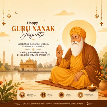 Happy guru nanak jayanti greeting poster with sikh guru meditating by the water
