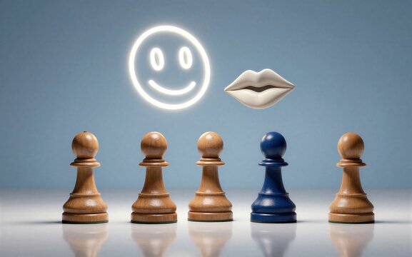 Chess pieces face smiling emoji and lips, symbolizing communication or acceptance.