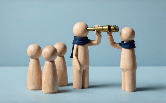 Wooden figure with telescope leads group, symbolizing guidance and vision for the future.