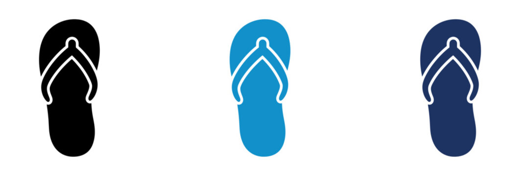 Set of three flip flop icons in black light blue and dark blue colors.
