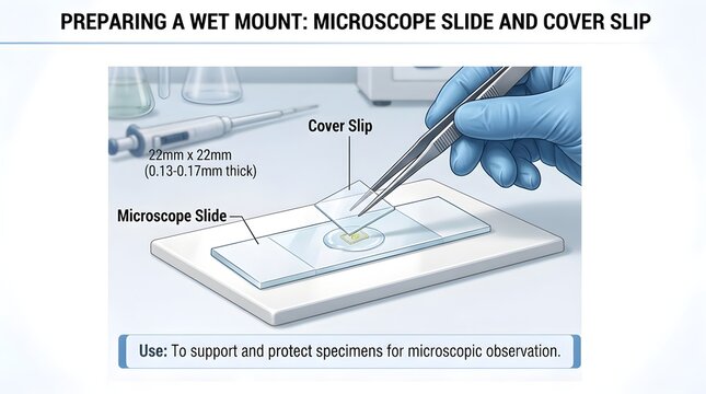 Wet mount microscope slide preparation diagram showing coverslip placement with tweezers, specimen drop, glass slide, bubble prevention angle, and safe sample setup for classroom observation

