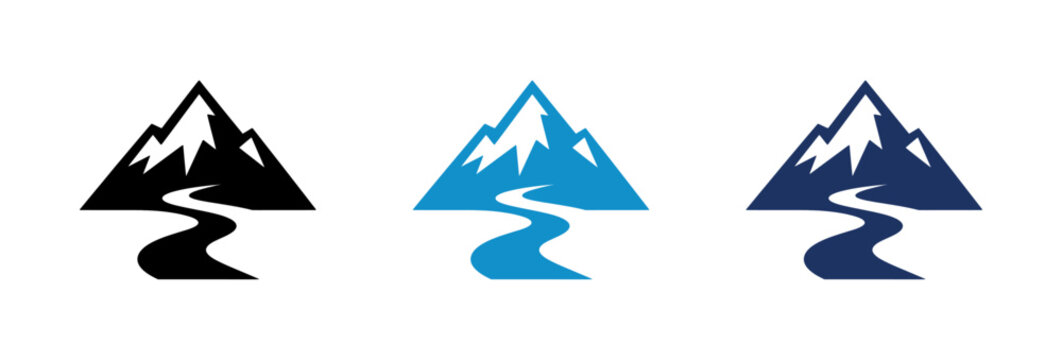 Mountain and river logo icons in black and blue colors for outdoor adventure branding.