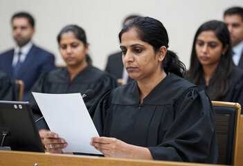 Fototapeta premium Judicial proceedings and legal justice, female judge reading court documents in a courtroom with diverse legal professionals and attorneys
