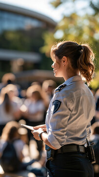 Rear view of a female school security guard observing a bright campus yard during morning arrival cropped composition with face out of frame students blurred in background safety