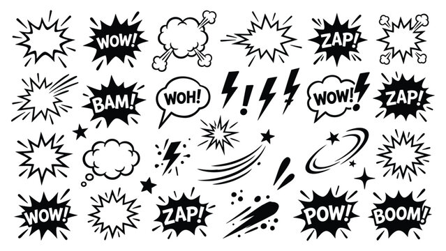 Comic burst and speech bubble doodle collection with boom wow zap pow sound effects, explosive star shapes and dynamic hand drawn elements isolated on white background