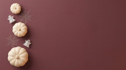 Obraz premium White pumpkins and ghost decorations on a dark red holiday background