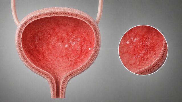 Anatomical 3D Illustration of Human Bladder Interior with Magnified View of Bladder Wall Lining and Mucosa Tissue