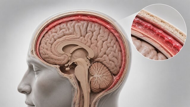 Medical Illustration of Human Brain Cross-Section Showing Intracranial Hematoma and Hemorrhage Detail