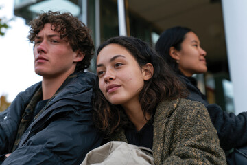 Fototapeta premium Three young adults share a moment together, highlighting connection and camaraderie with their relaxed expressions and engaged interaction in a lively, social atmosphere.
