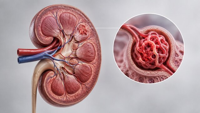 Human Kidney Anatomy Cross-Section with Magnified Glomerulus Detail, 3D Medical Illustration for Healthcare Education