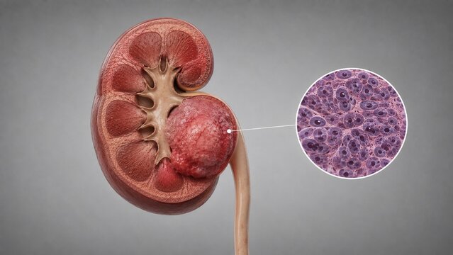 Human Kidney Cross-Section with Renal Tumor and Microscopic Cellular View of Cancer Cells Medical Illustration