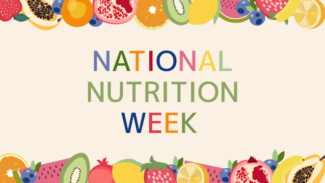National Nutrition Week banner template with fresh fruits frame. Colorful background with cartoon healthy food borders, pomegranate, kiwi, lemon and papaya for clean eating concept vector illustration
