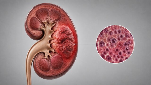 Medical Illustration of Kidney Cancer Showing Renal Tumor and Microscopic Cellular Structure of a Malignant Growth
