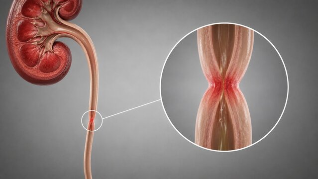 3D Medical Illustration of Human Kidney and Ureteral Stricture Showing Ureter Blockage and Narrowing Pathology