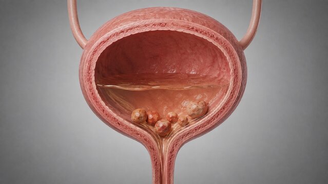 3D Medical Illustration of Bladder Stones and Urinary System Anatomy in Cross-Section