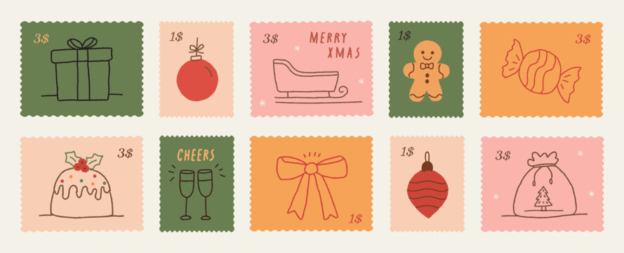 Christmas and New Year crayon postage stamp set in doodle sketch, hand-drawn vintage winter vacation style.Postmark Xmas vector elements for posters, postcards, mail art, festive scrapbooking designs.