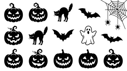 Fototapeta premium Halloween icons collection featuring spooky carved pumpkins black cats flying bats scary ghosts and spider webs on white background