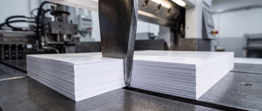 Sharp industrial paper cutter blade slices through large stack of white paper sheets in professional printing factory for book binding