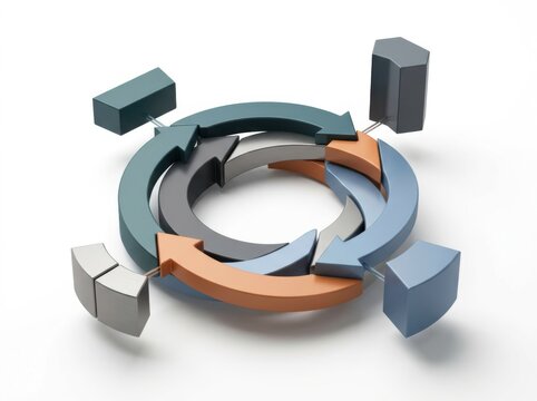 Circular flow chart with interlocking silver and colored arrows connecting to rectangular blocks isolated on a white background